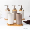 Home Bathroom Accessories  Ceramic Soap Dispenser And Tumbler Cups Set With Bamboo Tray