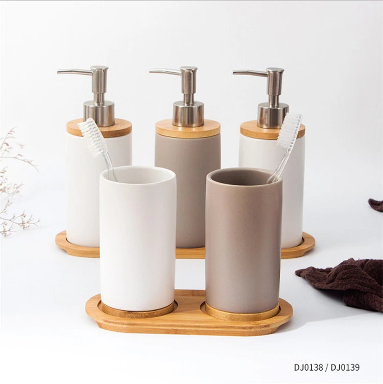 Home Bathroom Accessories  Ceramic Soap Dispenser And Tumbler Cups Set With Bamboo Tray