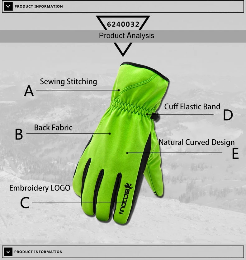 Leather Snow Warm Winter Waterproof Ski Gloves with Adjustable Cuff Strap