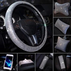 Luxury 15 PCS Full Sets Shine Bling Rhinestone Steering Wheel  Mirror Cover Pillow Phone Holder Car Interior Accessories