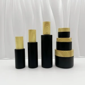 Luxury cosmetic fine mist black fronted glass spray perfume bottle with and wooden lid black fronted glass jar