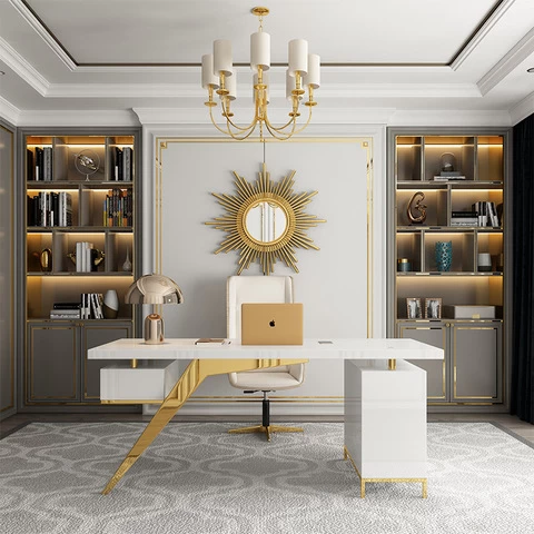 Luxury Design Marble Home Office Desk Set Gold Stainless Steel Computer Table Working Desk Adjust Table