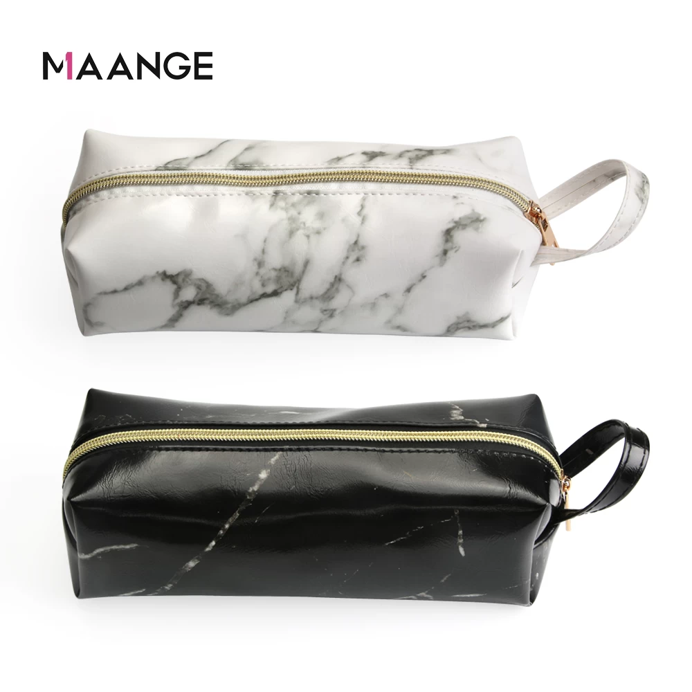 MAANGE Stand Up Makeup Brush travel  Organizer Storage Holder Bags Zipper Waterproof White Marble PU Leather Makeup Cosmetic Bag
