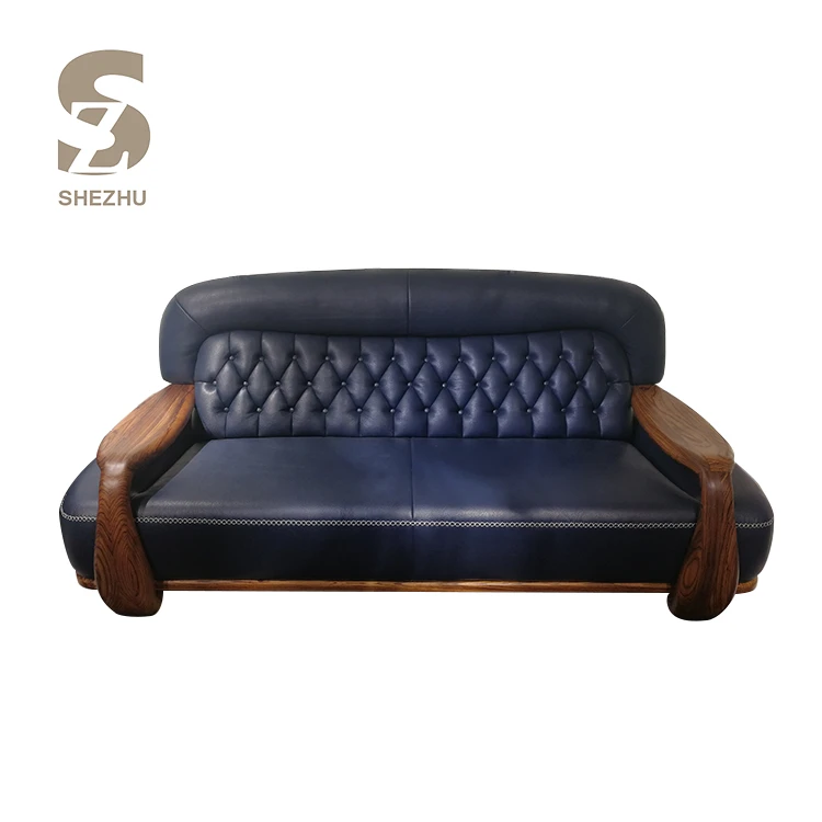 Modern furniture living room leather sofa navy blue real leather villa home 3 seater living room furniture wood armrest sofa