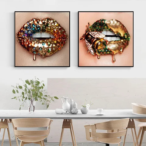 Modern Gold Lips Sexy Diamonds Shine wholesale painting wall canvas art prints