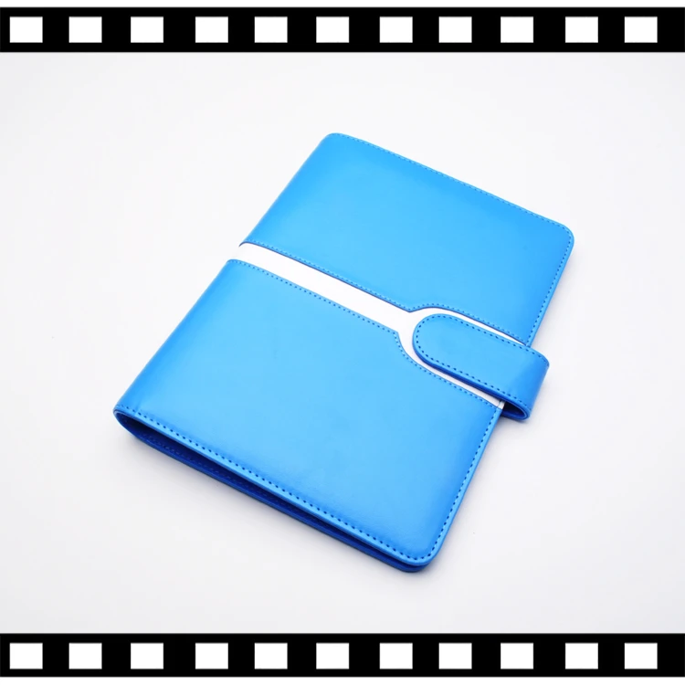 Multi-function file folder blue 6 rings metal binder PU business portfolio A5 document holder with card holder