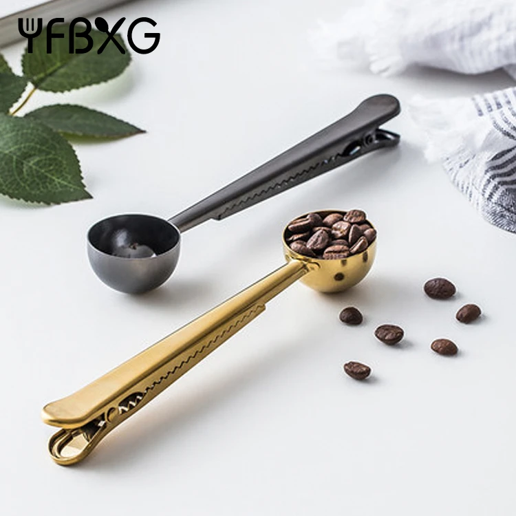 multi function SGS metal coffee spoon stainless steel gold with bag clip