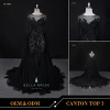 Mysterious black frocks feather decoration fish cut evening dress with detachable skirt