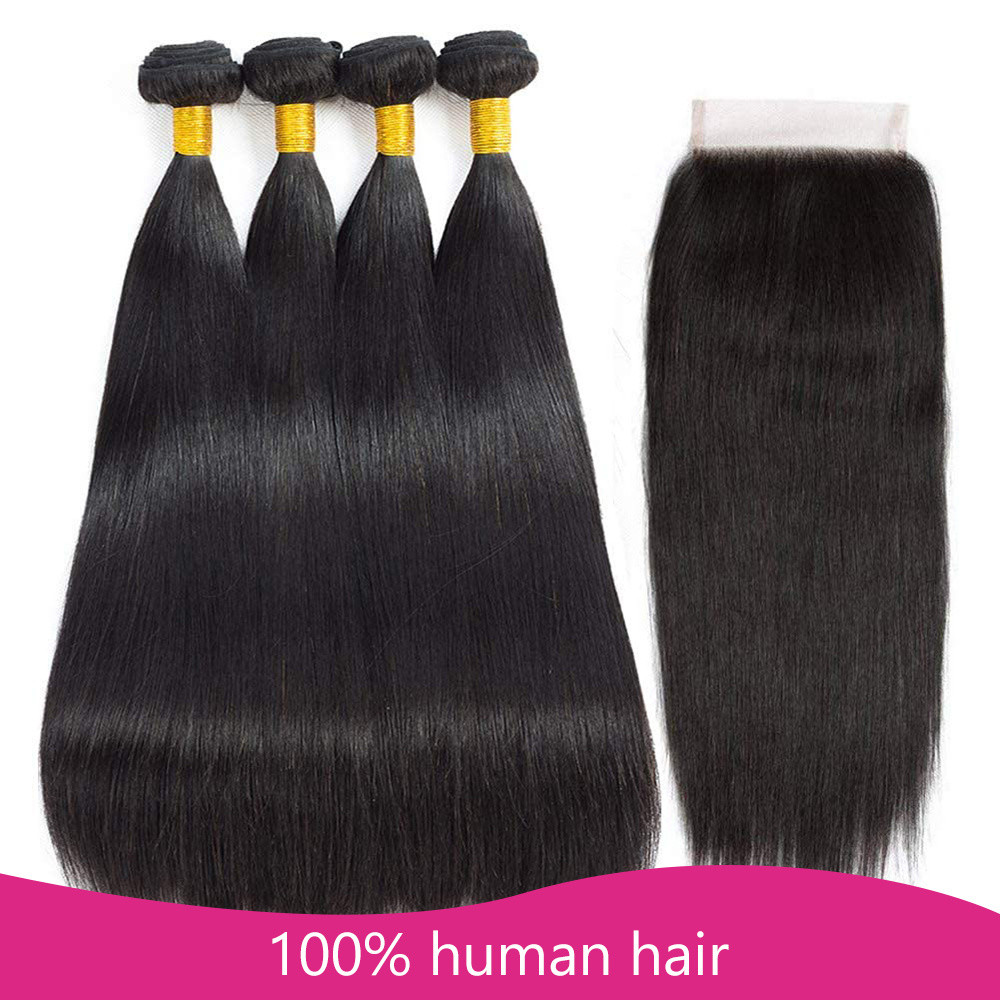 Natural Straight Brazilian Remy Human Hair Weave with Closure