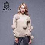 New designs 30% wool + 70% acrylic woolen sweater with fox fur pompon winter sweater for ladies