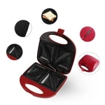 Red 2 slice Sandwich Maker Breakfast Panini Grill with non-sticking custom plates for Home 750W