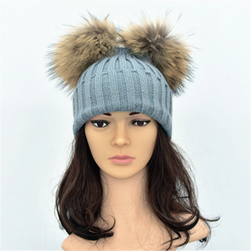 SF0329 Double pom pom beanie women winter hats with two fur balls hat
