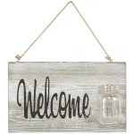 Shabby Chic Whitewashed Hanging Welcome Sign Home Decor with Glass Jar