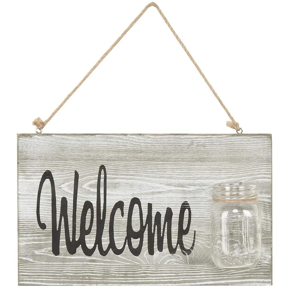 Shabby Chic Whitewashed Hanging Welcome Sign Home Decor with Glass Jar