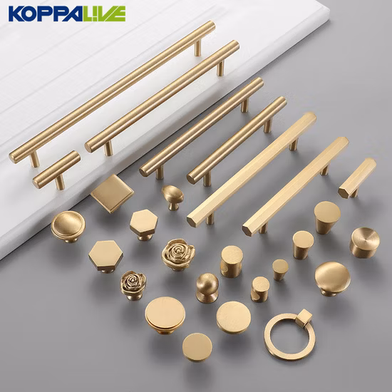 Koppalive Modern Luxury Solid Brass Furniture Cupboard Drawer Pull Knob Brushed Gold Kitchen Cabinet Door Handle