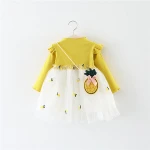 Spring Autumn Long Sleeve Toddle Dress Pineapple Embroidered Cotton Princess Baby Dress Girls With  Cute Bag