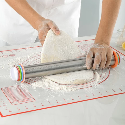 Stainless Steel Adjustable Rolling Pin With Thickness Silicone Mat Set Baking Tool