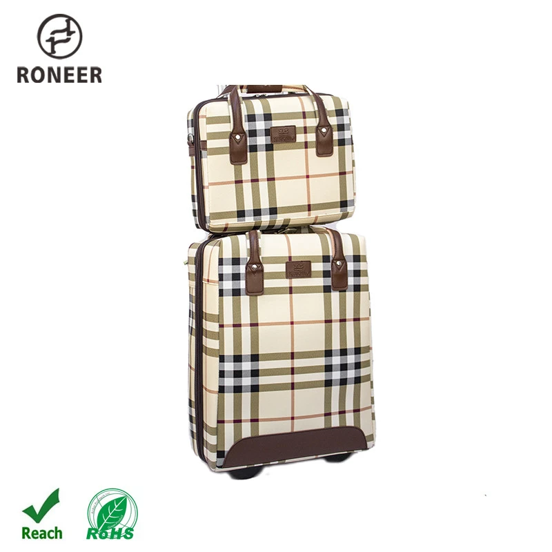 Stylish Exquisite plaid business luggage set 2 pcs PU leather travel trolley bags for women