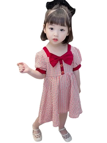 Summer dress baby girl Korean style puff sleeve plaid skirt girl dress summer dress girl skirt