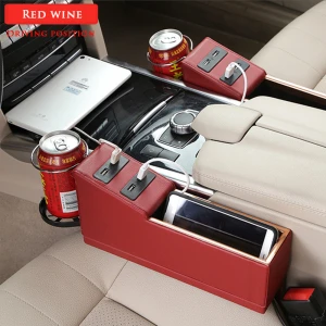 SUV front seat car gap storage box with USB charging and cup holder leather front seat car organizer