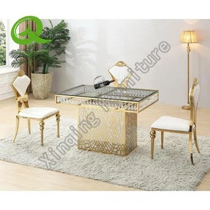 TH530new model wedding gold stainless steel rectangular dining table with tempered glass top with crystal