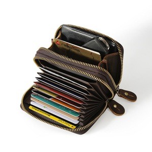 Tiding Vintage Genuine Leather Card Organizer Purse Double Zipper Small Leather Accordion Wallet