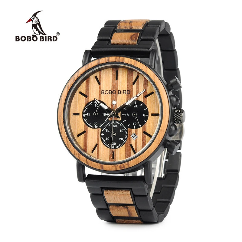 Top brand auto date face stopwatch Quartz Wristwatches men wood watch