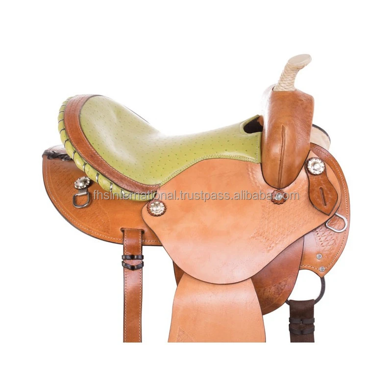 Top Quality - Barrel Racing Trail Round Western Saddle made by American Cow Harness - Green Ostrich Print Seat