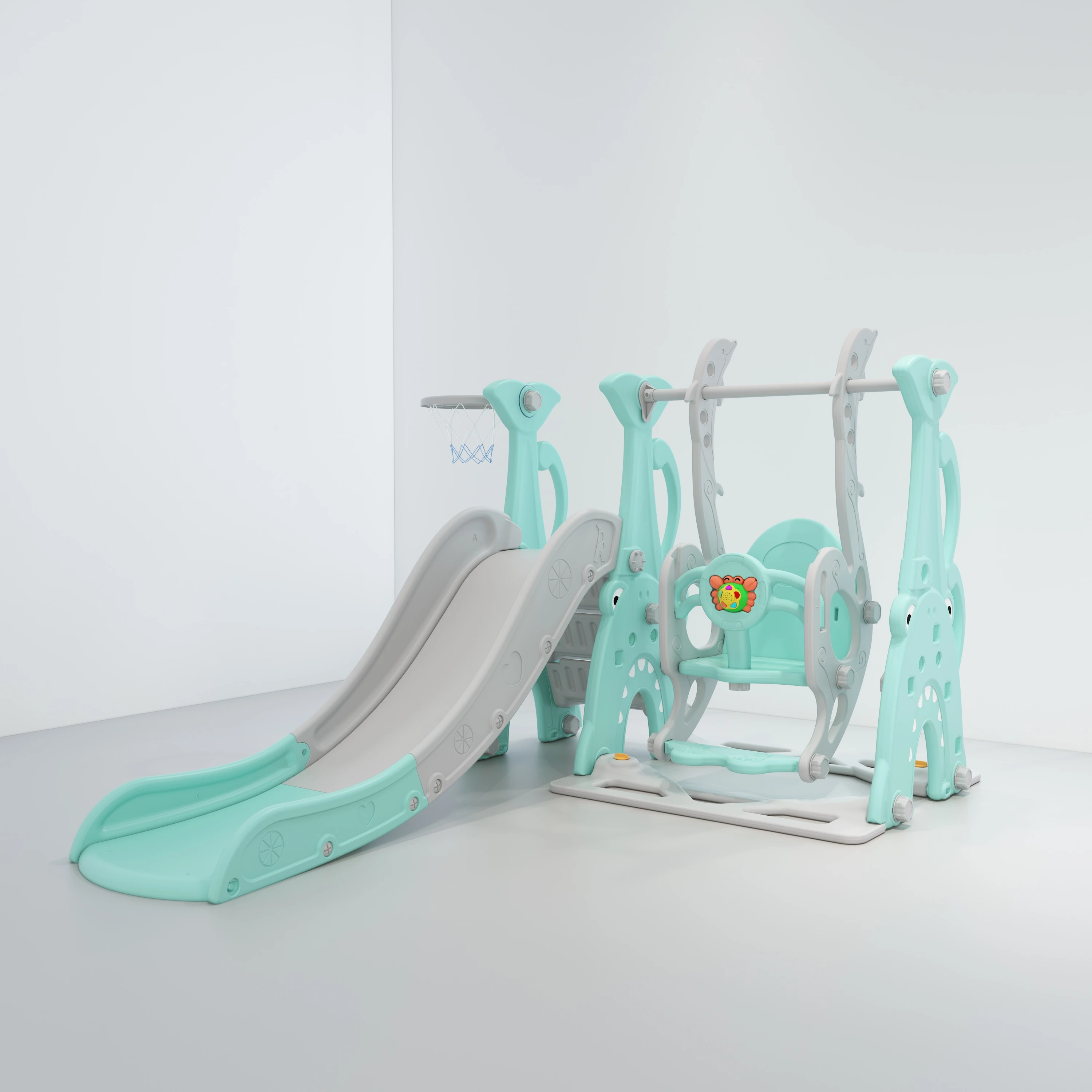 Updated indoor toddler plastic kid playground baby slide swing set with basketball hoop