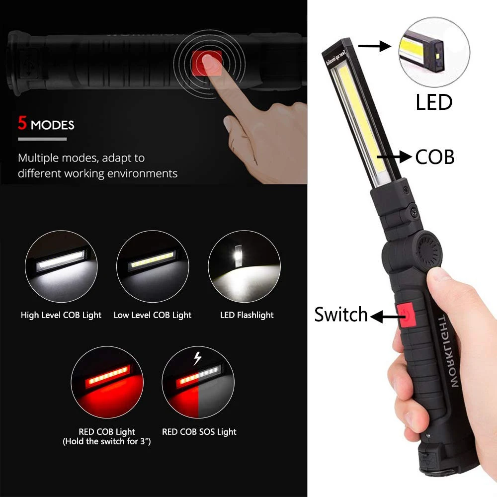 USB Rechargeable COB LED Work Light Flashlight with Magnet 360 Rotate,Inspection Work Light for Car Repair, Household,Emergency