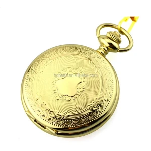 WAH757 Golden Case Engraved Floral Pattern Roman Numerals Quartz Pocket Watch