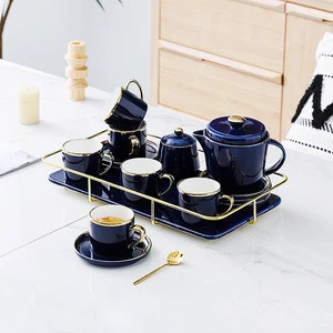 wholesale ceramic porcelain blue color golden rim 18pcs 200ml sugar pot royal tea arabic coffee sets