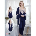 wholesale comfortable luxury  3 piece nighty nightwear set long sleeve silk robes silk pajamas with lace saudi arabia dubai