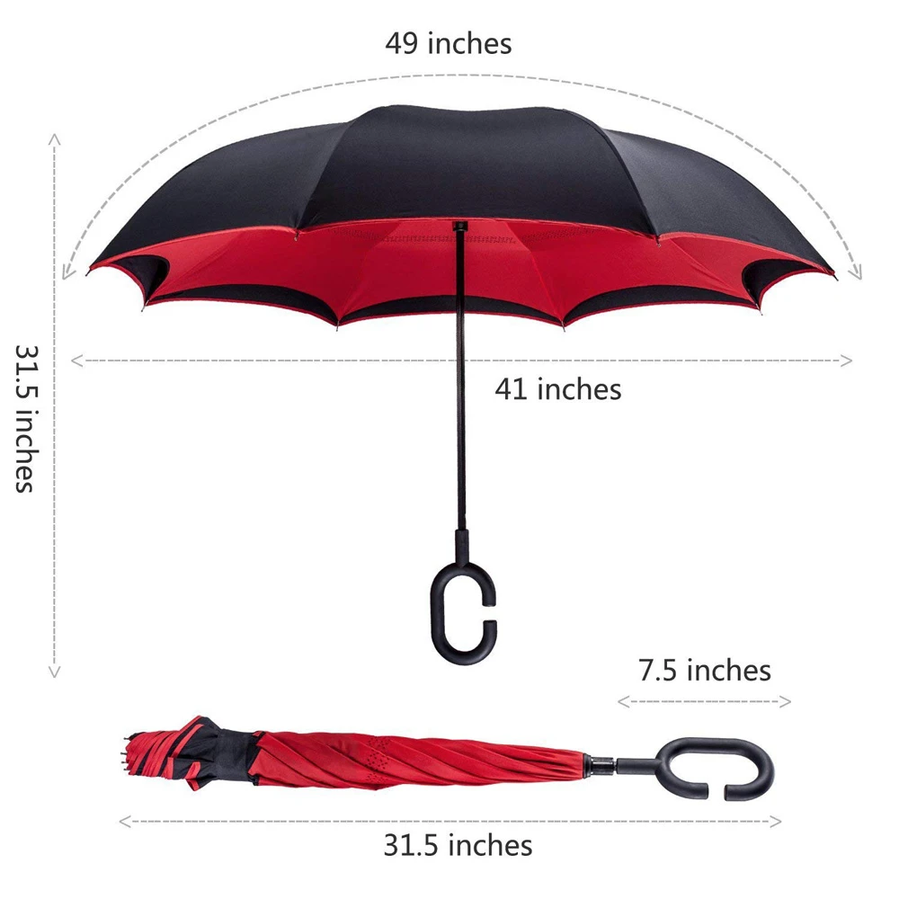 Wholesale Custom Red Black, C-shaped Handle Windproof Double Layer Auto Close Reverse Inverted Umbrellas With Logo Printing/