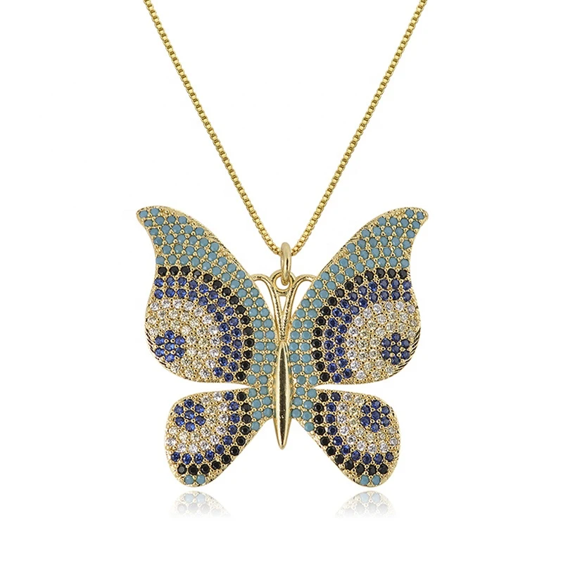 Wholesale CZ Micro Pave Brass Chain Gold Large Butterfly Pendant  Necklace Jewelry