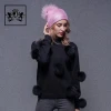 Wholesale hand made korean woollen cashmere sweater for women with fox fur pom pom