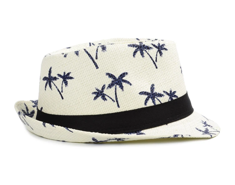 Wholesale straw fedora trilby hats ecuador coconut tree printed panama hats with black band