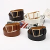 Women PU Leather Wide Belts With Trapezoidal Buckle Belts For Jeans Pants Dresses