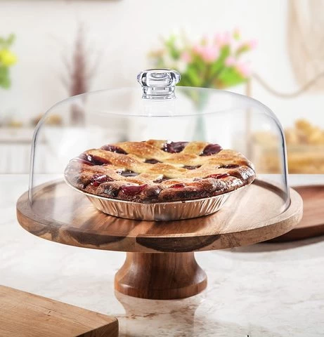 wood Footed Round Wood Server Cake Stand with Glass Dome Footed Cake Plate Server with Dome