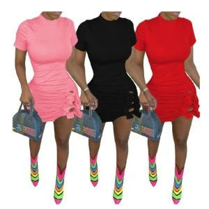 0420M139 2020 Summer Wholesale Women Dresses Summer Elegant Turtleneck Short Sleeve Bowknot Solid Color Ladies Casual Dress