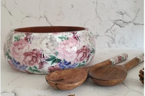 Wooden Bowl with Serving Spoon & Fork