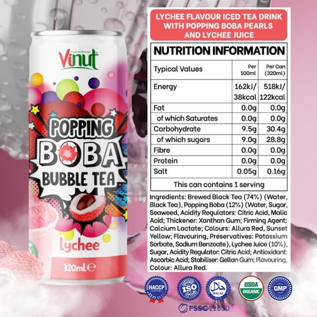 Buy Lychee Popping Boba Bubble Tea Vinut 230ml (24 Pack), Low Calorie