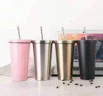 16oz 470ml-Vacuum Mug-Hot Cold-Stainless Steel-Sets Drinking Straw