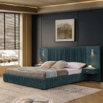 King Size Upholstered Chenille Bed Frame Platform Bed Pleated Design Solid Wood Frame