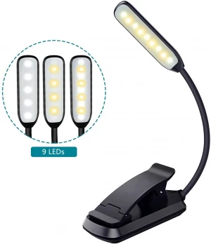 9 LED Book Light, USB Rechargeable Reading Light - Stepless Dimming x 3 Eye-Protecting Modes (Warm&Cool White Light), Power Indicator, Long Battery Life, Flexible Clip on Book Light for Reading