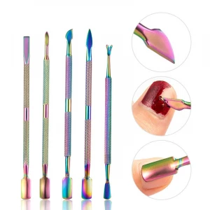 11 Style Rainbow Stainless Steel Nail Cuticle Pusher Tweezer Nail Art Files UV Gel Polish Remove Manicure Care Groove Clean Tool