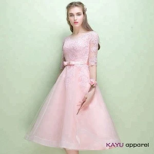 2018 new woman pink short sleeve Lace embroidered Bridesmaid Dress