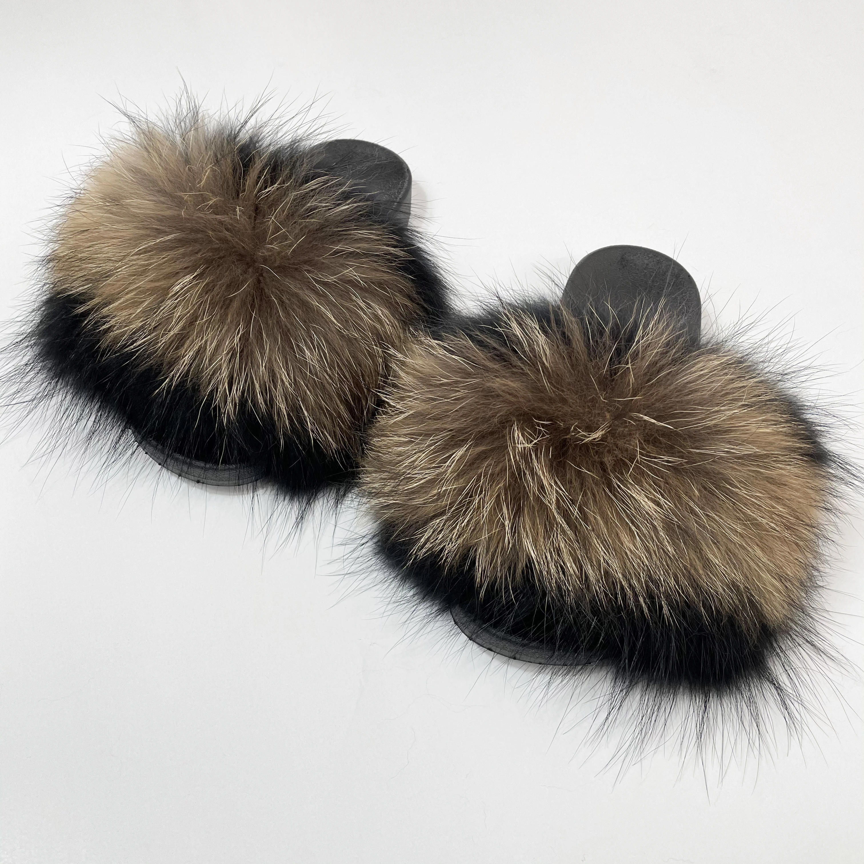 2021 Big Size flully fur women  fox fur  sandals slippers slides  with logo customized