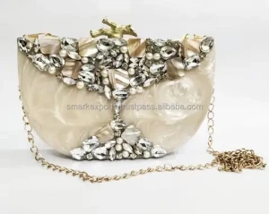 Acrylic Epoxy Resin Metal Clutch - Partywear Ornate Purse with Detachable Crossbody Strap, Perfect for Evening Glamour