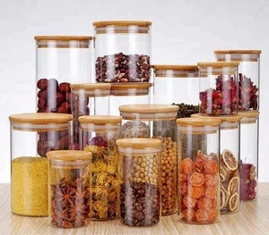 Airtight Clear Cylinder Borosilicate Dry Goods Solid Food Glass Storage Jar With Bamboo Lid